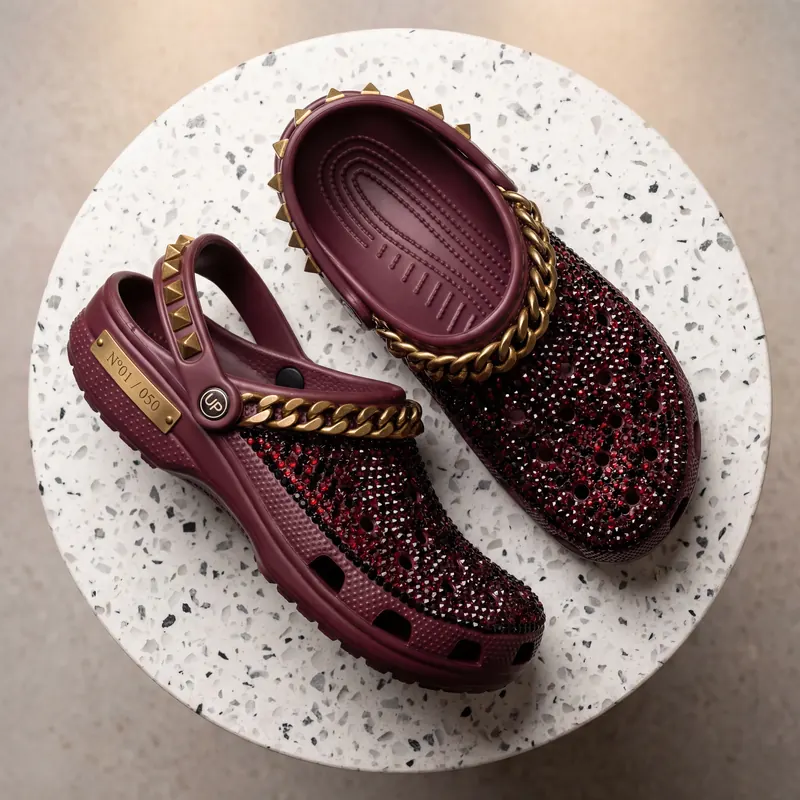 Crocs customisées Bordeaux × Noir — cristaux grenat bordeaux, chaîne acier noir, clous pyramide onyx