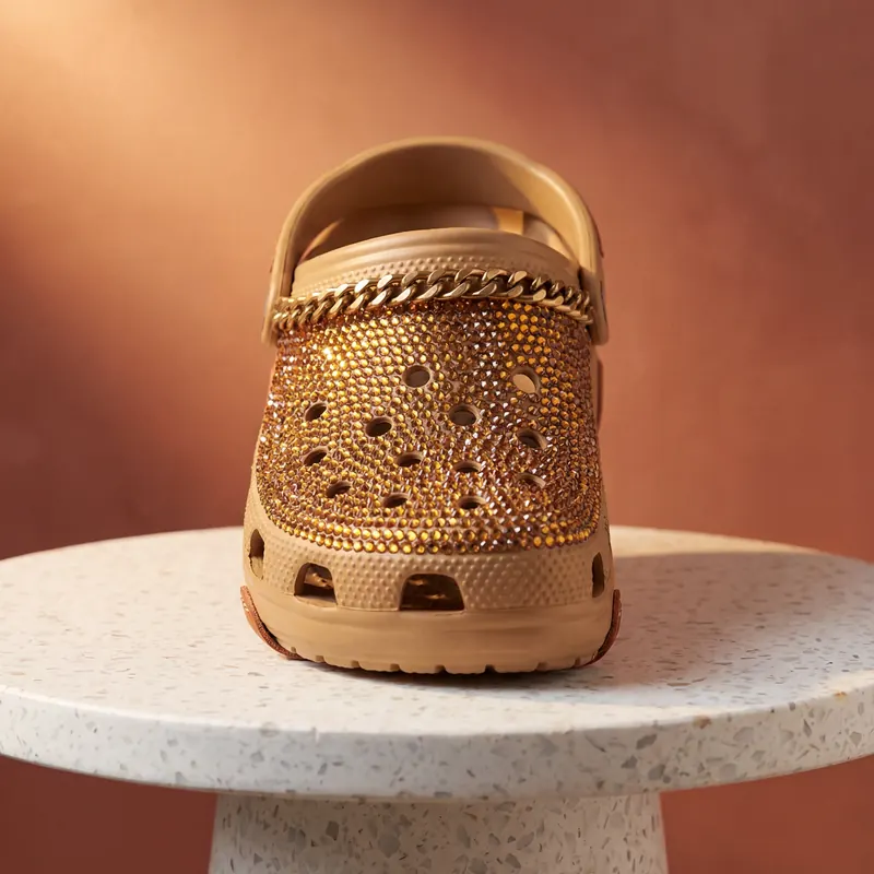 Crocs customisées Camel × Or — cristaux topaze ambre, chaîne laiton antique dorée