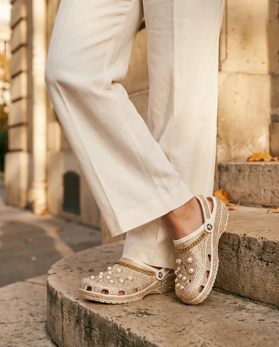 Édition Camel × Or portée — escaliers Paris, tenue camel et ivoire